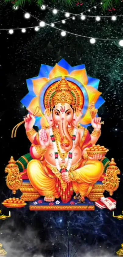 Colorful Ganesha on a cosmic backdrop.