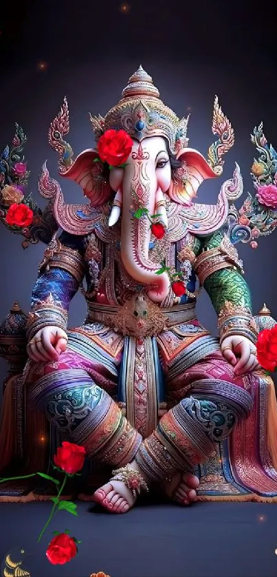 Artistic Lord Ganesha with vibrant colors and red floral details.