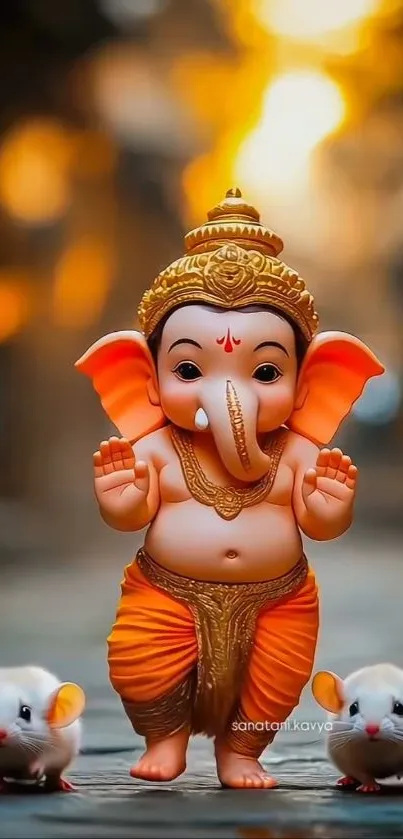 Artistic depiction of Ganesha with vibrant colors and mice.