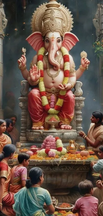 Artistic depiction of Lord Ganesha surrounded by devotees in a worship ceremony.