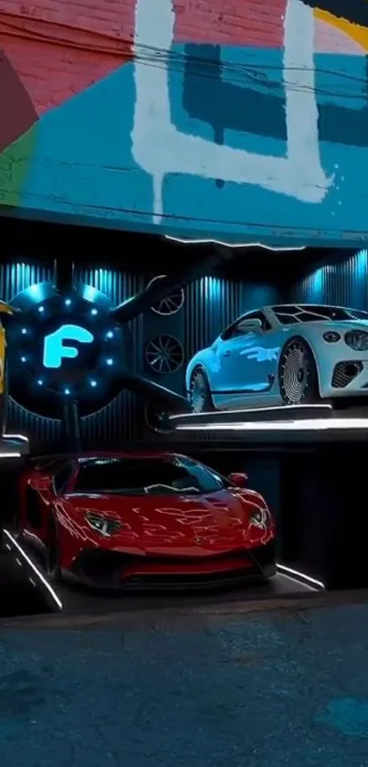 Vibrant garage with luxury cars in colorful urban setting.