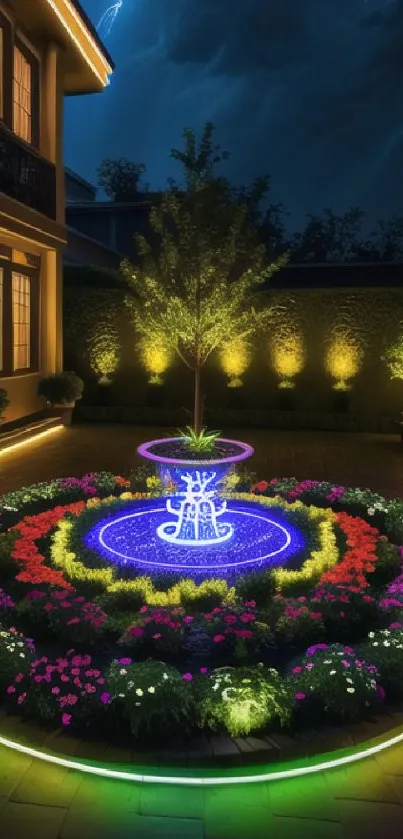 Vibrant illuminated garden with colorful flowers at night.