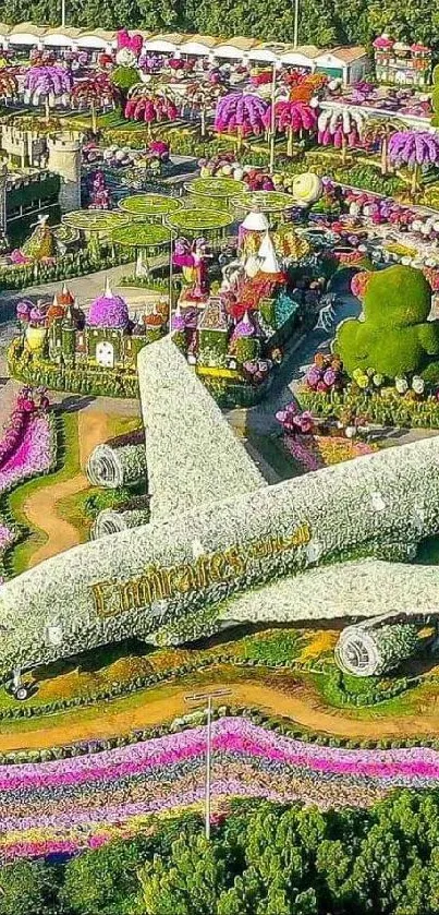 Floral airplane in a vibrant garden setting, with colorful blooms in the background.