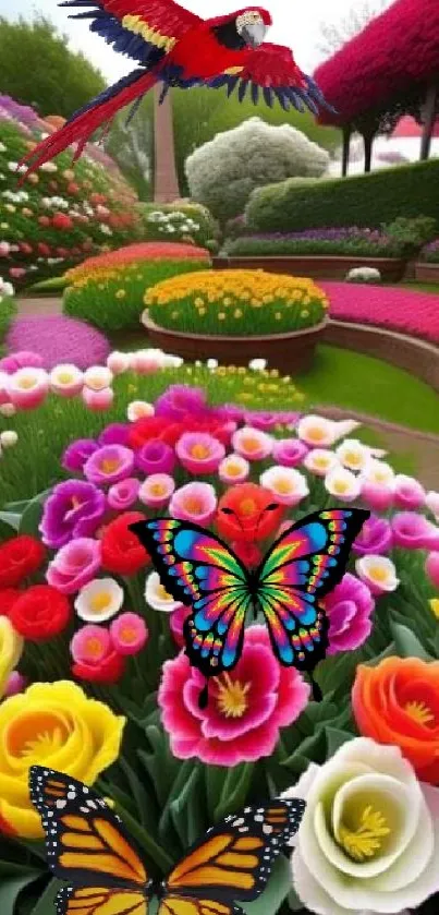 Vibrant garden with colorful flowers, butterflies, and a bird.