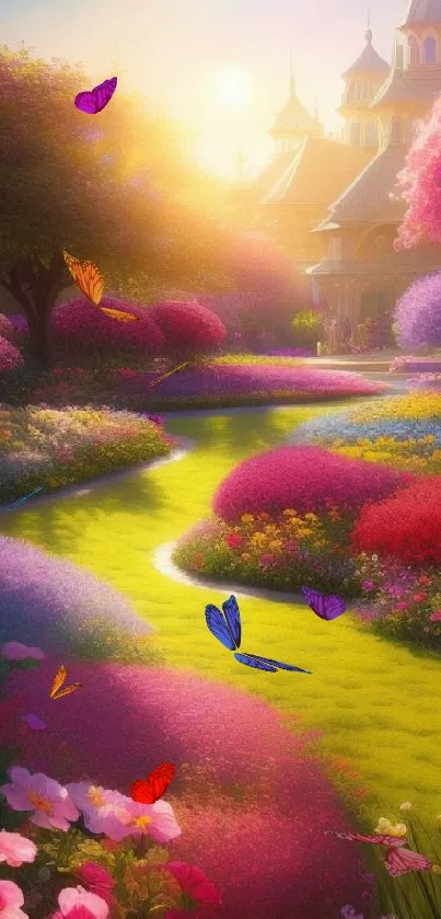 Vibrant garden with lush flowers and a serene path at sunrise.