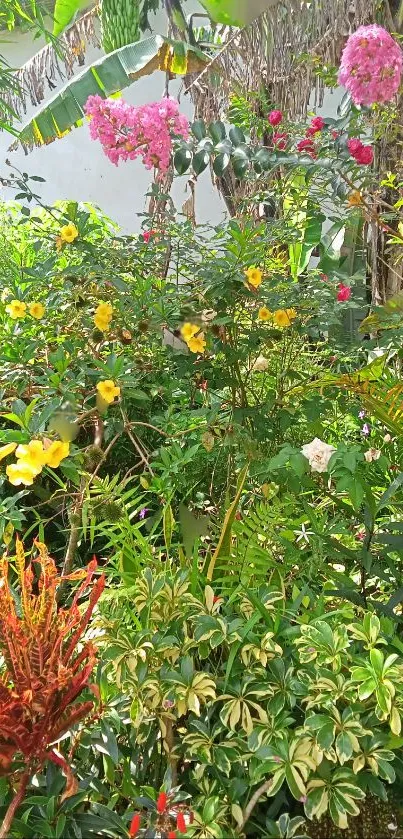 A lush garden with colorful flowering plants and vibrant greenery.