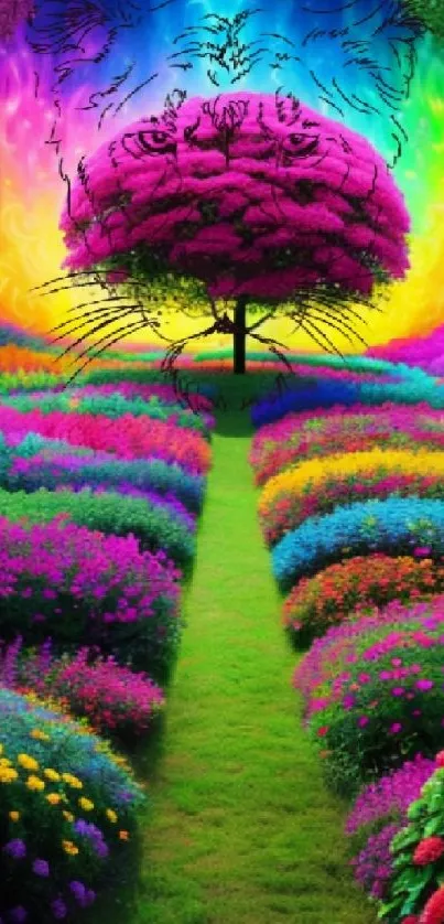 Vibrant garden dreamscape with rainbow colors and a lush landscape.