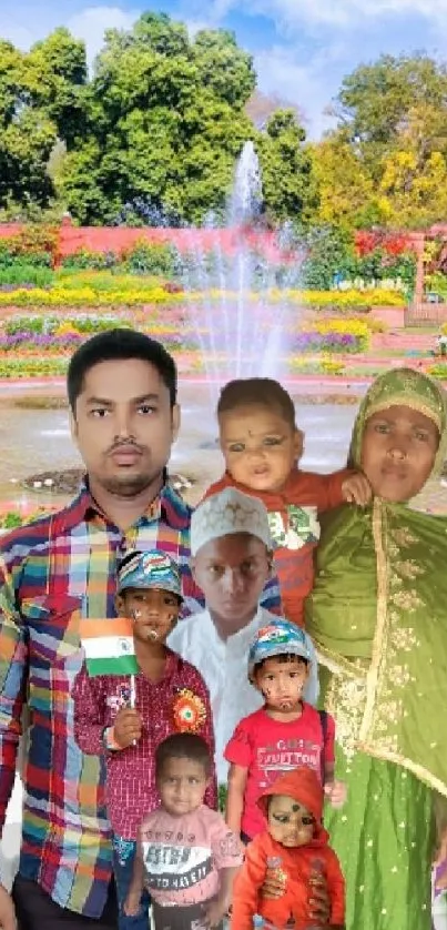 Family portrait in vibrant garden with colorful flowers and a central fountain.