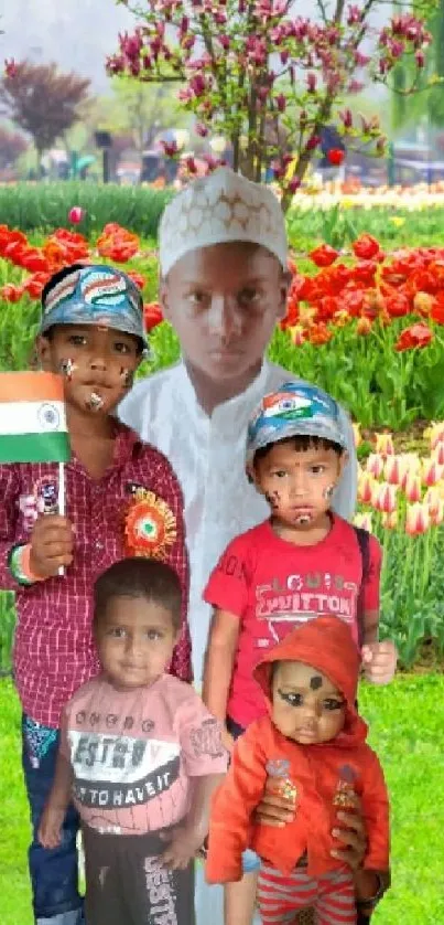 Children and family in a vibrant garden with colorful flowers.