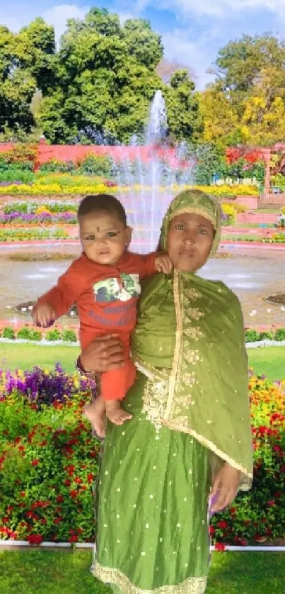 A mother and child in a vibrant floral garden scene.