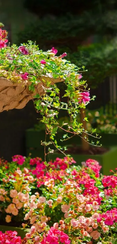 Stone planter with lush pink and green floral display in a garden.