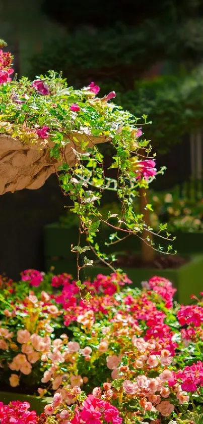 Vibrant garden with pink and red flowers overflowing from a stone urn.