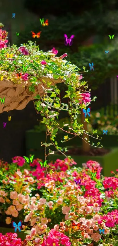 Vibrant garden flowers in a stone planter