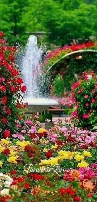 Colorful garden with a central fountain and vibrant flowers.