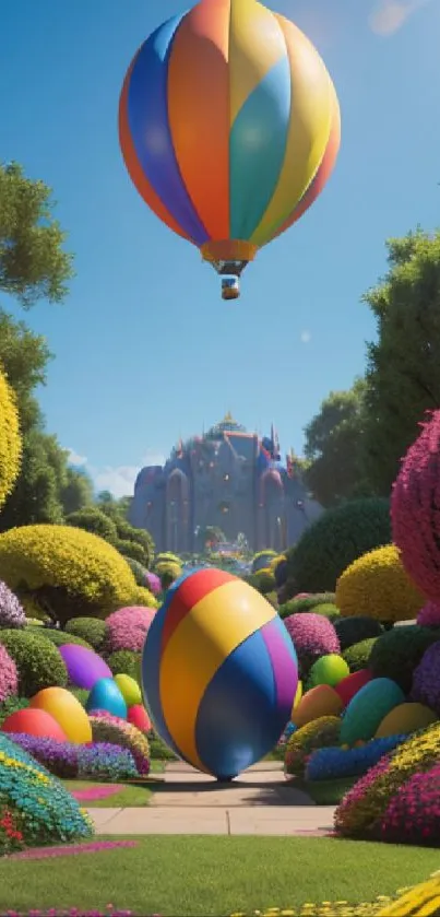 Colorful hot air balloon over vibrant garden.