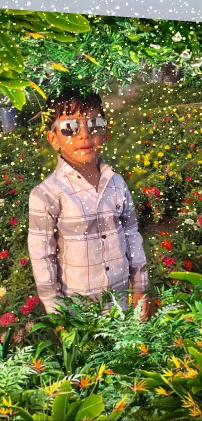 Kid in sunglasses with a vibrant garden backdrop and lush greenery.