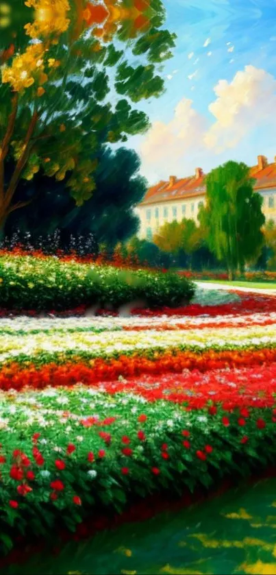 Colorful garden with flowers and trees in a vibrant landscape painting.