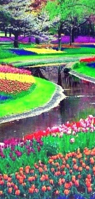 Colorful garden landscape with flowers and a stream.