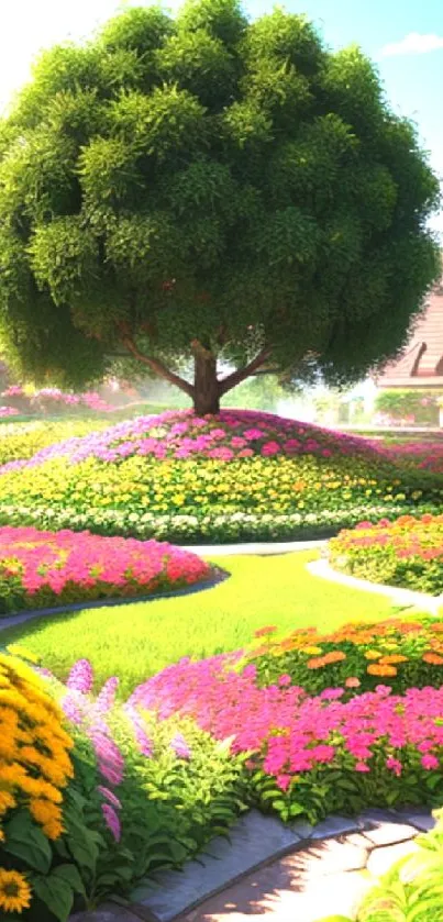 Vibrant garden with tree and flowers