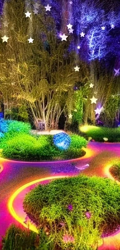 Bright garden nightscape with glowing colors.