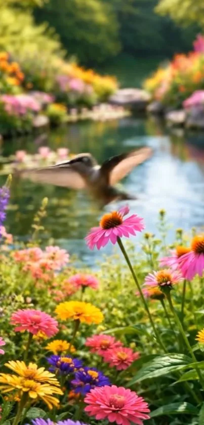 Colorful garden with flowers and a pond, featuring a hummingbird in flight.
