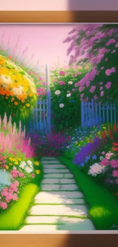 Vibrant garden path with colorful flowers in a framed artwork.