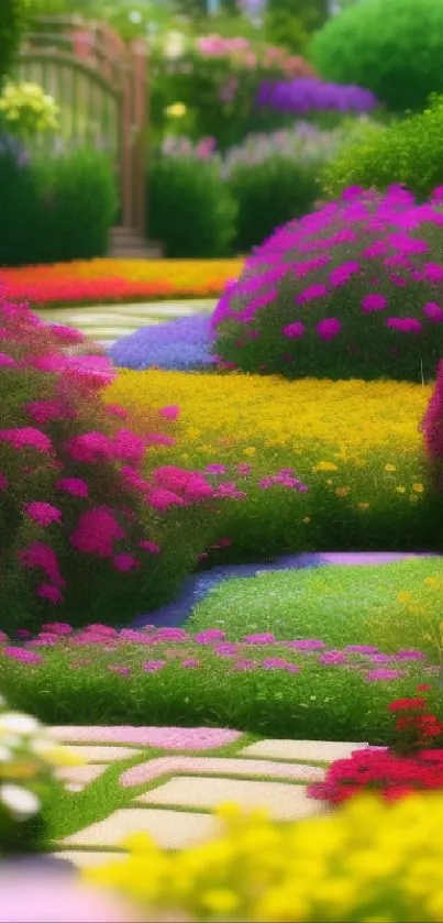 Vibrant garden path with colorful flowers and lush green bushes.