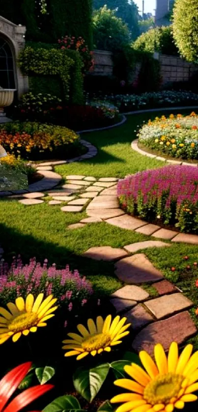 Lush garden path with colorful flowers and greenery.