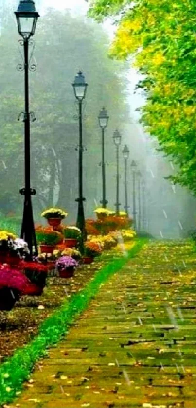 Serene garden path with flowers and lamps under lush green canopy.