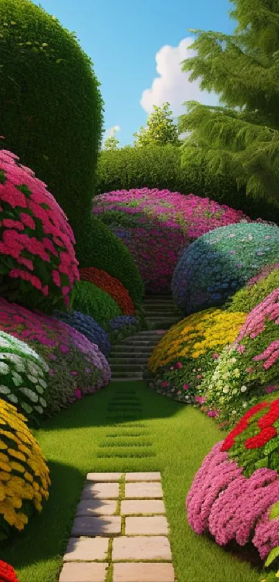 Vibrant garden path with colorful flowers and greenery mobile wallpaper.