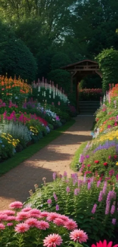 Vibrant garden path with colorful flowers and lush greenery in full bloom.