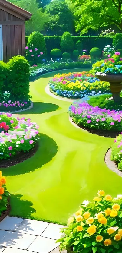 Vibrant garden path with colorful flowerbeds and greenery.