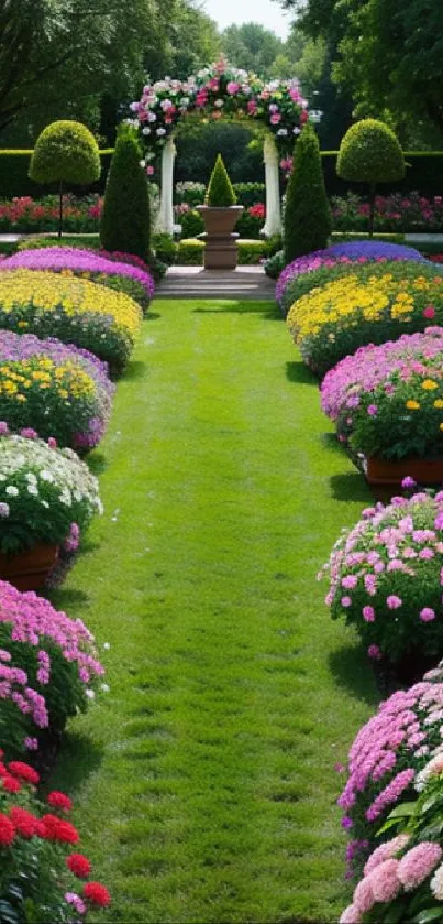 Colorful garden path with vibrant flowers and greenery.