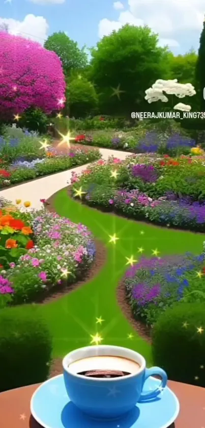 Vibrant garden path with colorful flowers and a cup of coffee on a table.