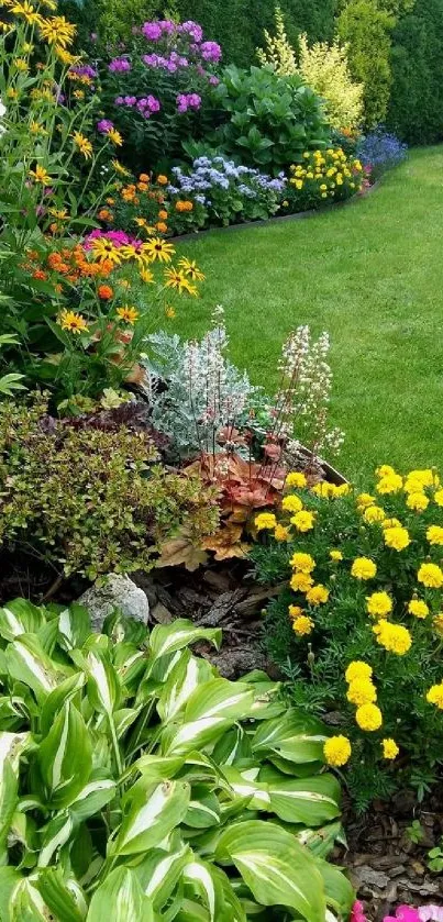 Vibrant garden path with lush greenery and colorful flowers.