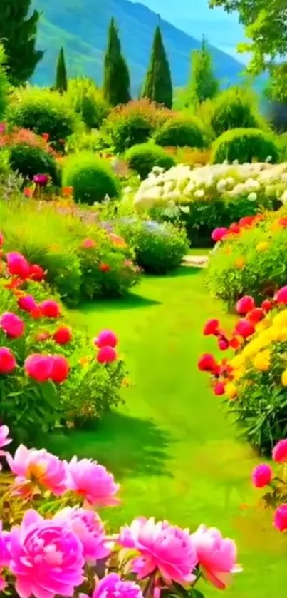 A vibrant garden pathway with colorful blooming flowers and green foliage.