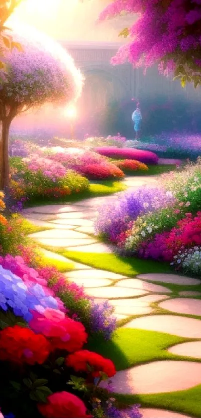 Vibrant garden pathway with colorful flowers and sunlight.