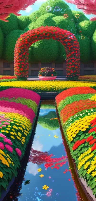 Colorful garden pathway with blooming flowers and greenery.