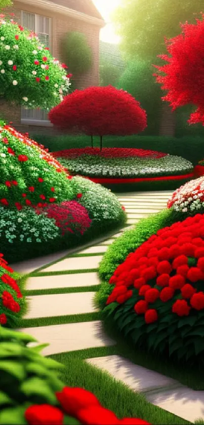 Vibrant garden pathway with red flowers in lush green setting.