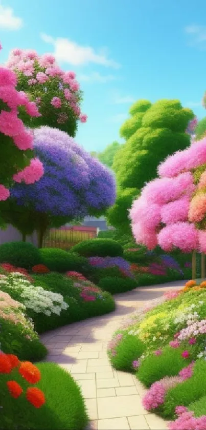 A vibrant garden pathway with colorful blooming trees.