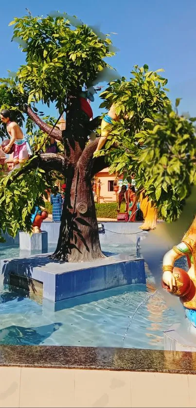 Vibrant garden sculptures with a lush green tree, under a clear blue sky.