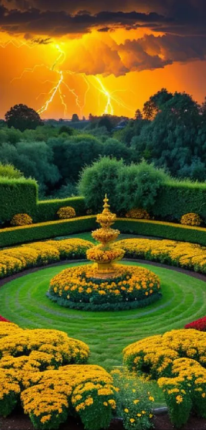 Vibrant garden with flowers and dramatic lightning storm background.