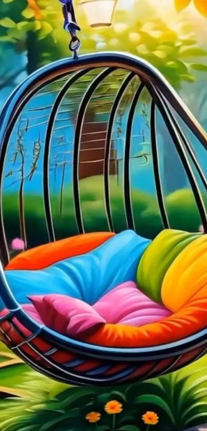 Colorful garden swing with cushions in natural setting.