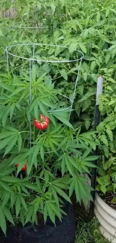 Lush green plants with tomato vines in a garden setting.