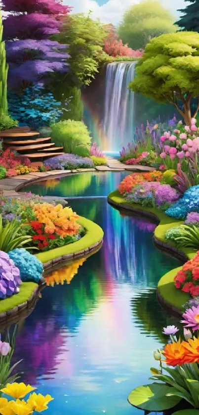 Vibrant garden with waterfall and colorful flowers for mobile wallpaper.
