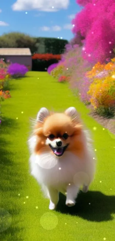 Pomeranian walking on vibrant garden path with colorful flowers.