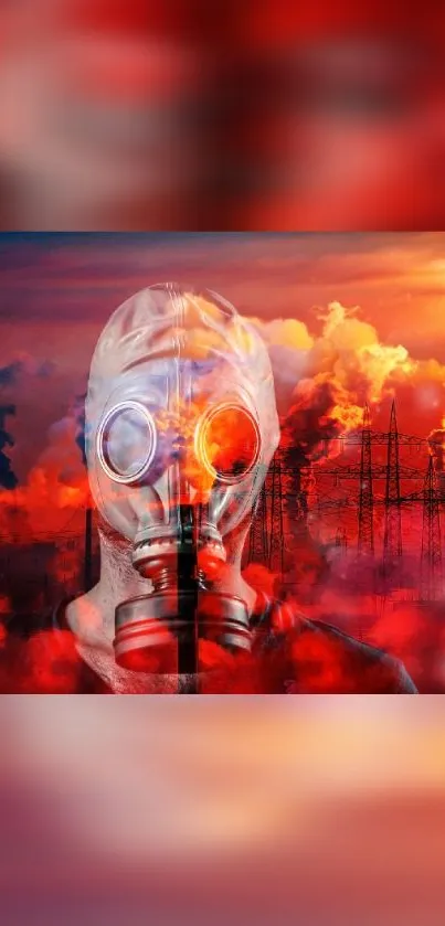 Gas mask against a fiery red sunset with industrial backdrop.