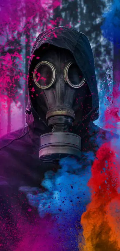 Gas mask with vibrant color splashes in a forest setting.