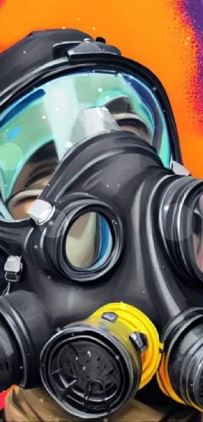 Artistic gas mask with vibrant pink and orange background.