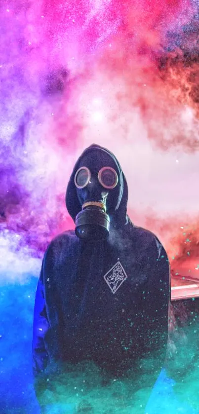 Vibrant gas mask with colorful smoke art wallpaper.